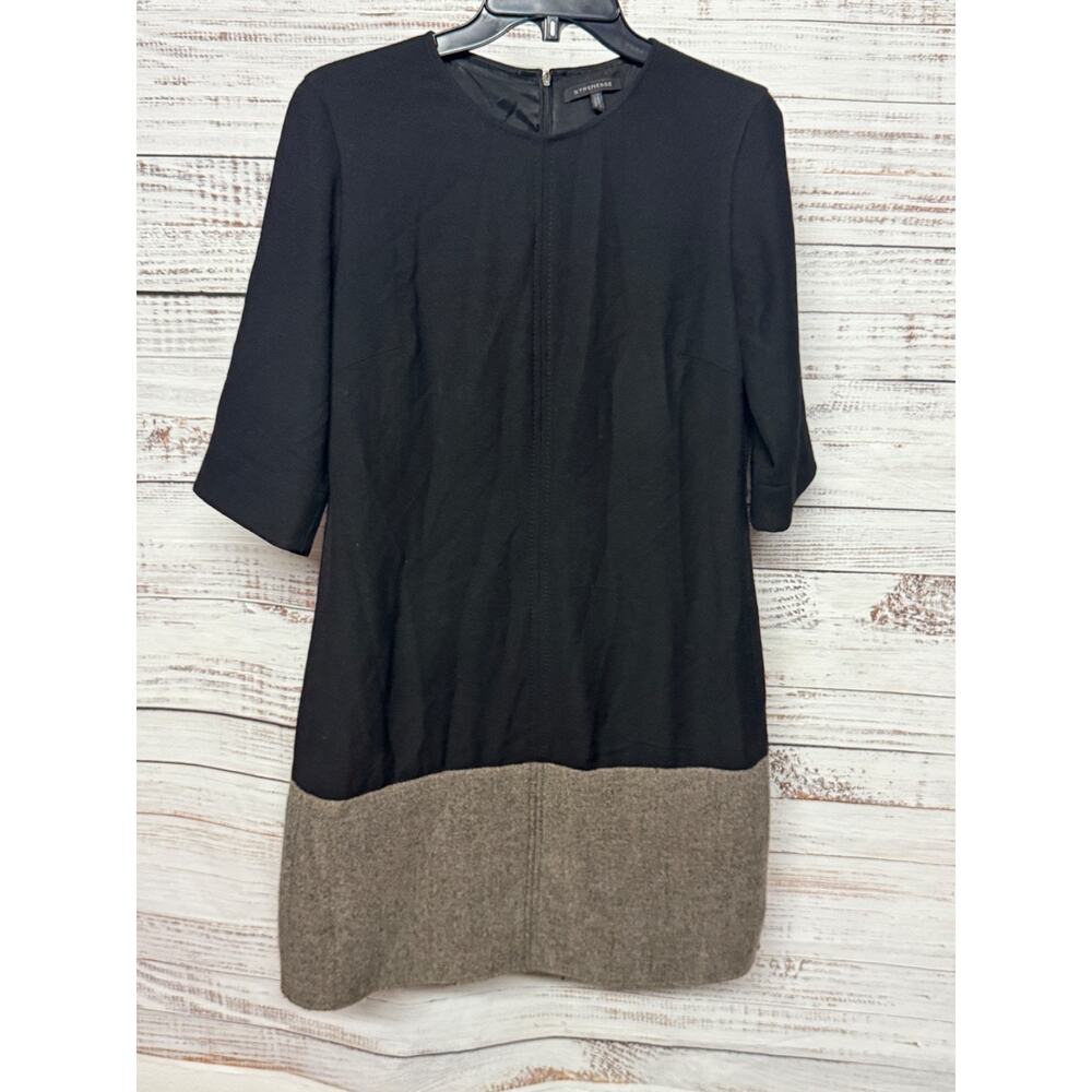 Strenesse Wool Knit Round Neck Short Sleeve Dress Black Brown Herringbone Size 8